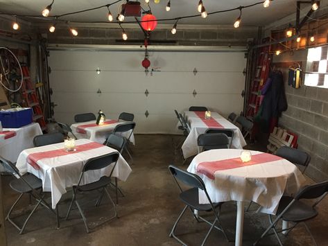 We needed more seating for Christmas dinner so we set up tables and chairs in the garage Small Garage Party Set Up Ideas, Thanksgiving In Garage, Decorate Garage For Christmas Party, Garage Party Set Up Ideas Birthday, Party Seating Ideas For Small Spaces, Thanksgiving Garage Set Up, Garage Christmas Party, Garage Party Set Up Ideas, Decorate Garage