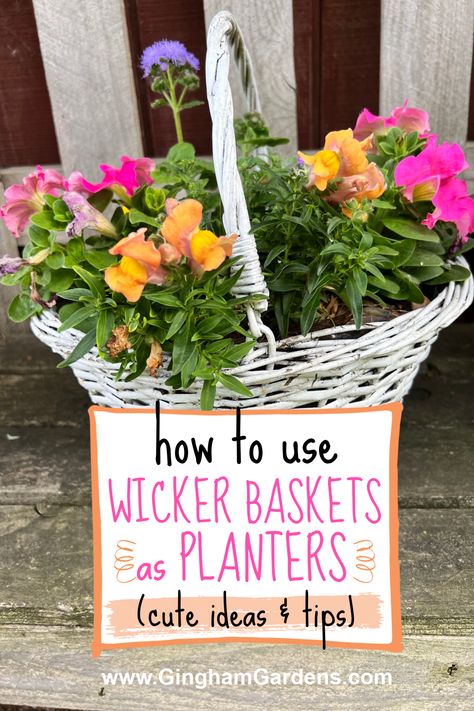 Porch Basket Planters, Planter Baskets Outdoor, Wicker Planter Ideas, Baskets As Planters, Plants In Baskets Outdoor, Basket Container Garden, Basket Planters Outdoor, Diy Basket Planter, Wicker Basket Planters Outdoor