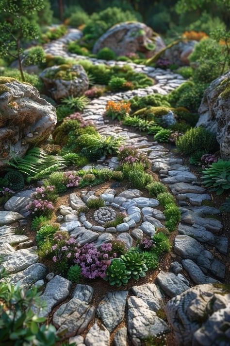 Transform your garden into a paradise! Imagine a serene space where tranquility meets nature. Spiritual garden designs, zen garden plants, sanctuary décor ideas, meditation corners, outdoor Buddha and Angel statues, peaceful water features #GardenDesign #ZenGarden #SpiritualSpace #SpiritualGarden Save this and inspire your creativity! Garden Rock Path, Different Garden Ideas, Water Backyard Ideas, Zen Stone Garden, What To Do With Rocks In The Yard, Rock Features In Garden, Mandala Garden Design, Rock Gardens With Plants, Rainscaping Ideas