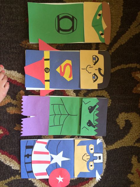 Super Hero Paper Bag Puppets                                                                                                                                                     More Metropolis Illinois, Super Hero Activities, Puppet Template, Superhero Vbs, Super Hero Day, Hero Crafts, Bag Puppet, Superhero Crafts, Paper Bag Crafts