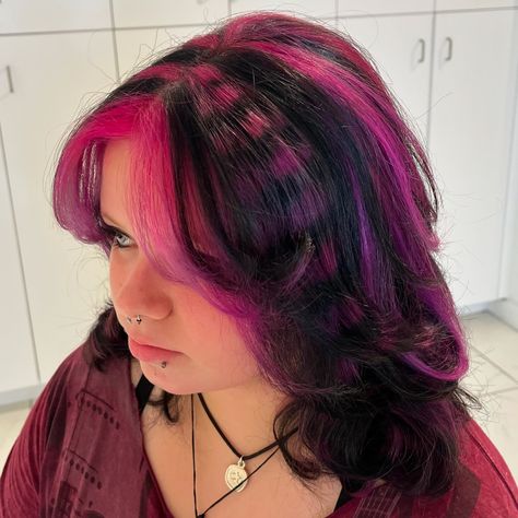 🦨🧷🕷️🩷⛓️🦇🖤🎀🦝 draculaura inspired chunky highlights 🧛🏻‍♀️💞 so many placements like this lately, and I love it!! keep ‘em coming 😫 she had chunky purple a while ago and needed a change, so she decided to see what i could do 🙏 i love the raccoon stripe details! made with @pulpriothair ⛓🧷 𝐃𝐌 𝐓𝐎 𝐁𝐎𝐎𝐊 🦇-𝔐™ 🤍 ✮ ✮ ✮ ✮ ✮ #monsterhigh #monsterhighhair #draculaura #draculaurahair #chunkyhighlights #halifaxhair #halifaxqueer #halifaxhairstylist #hairgoals #hairstyles #haircolor #hairtransformation #h... Purple With Blonde Highlights, Curly Chunky Highlights, Pink Calico Hair, Dark Hair With Colored Highlights, Purple Chunky Highlights, Pink Chunky Highlights, Draculaura Hair, Purple Highlights Brown Hair, Purple And Pink Hair