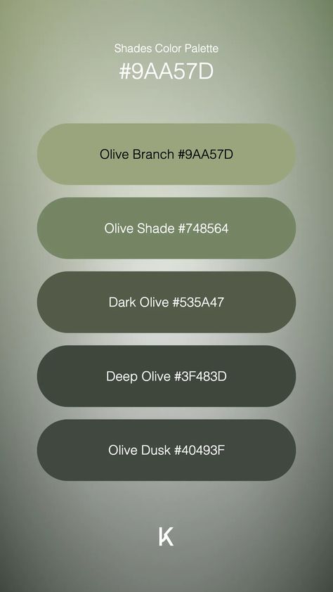 Shades Color Palette Olive Branch #9AA57D · Olive Shade #748564 · Dark Olive #535A47 · Deep Olive #3F483D · Olive Dusk #40493F Hex Color Palette, Hex Colors, Oak Leaf, Olive Branch, Unique Colors, Color Palettes, Color Palette, Shades, Pattern