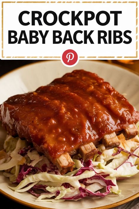 Crockpot baby back ribs served on a bed of coleslaw. Crockpot Rib Recipes Slow Cooker, Crockpot Ribs With Dr Pepper, How To Cook Ribs In Crockpot, Cooking Ribs In Crockpot, Crockpot Baby Back Ribs Recipes, Boneless Country Style Ribs Crockpot, Crockpot Ribs Recipes Slow Cooker, Crockpot Baby Back Ribs, Ribs In Slow Cooker