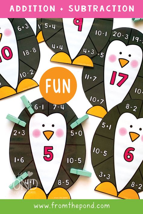 Penguin Math, Math Sheets, From The Pond, Montessori Math, Subtraction Facts, Work Boxes, Clip Cards, Math Facts, Math Center