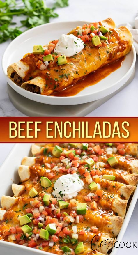 These Beef Enchiladas are easy to make with a seasoned ground beef filling with black beans, cheese, and more! This makes the best dinner idea for friends and family! The Cozy Cook Recipes Beef, Restaurant Quality Recipes, Ground Beef Recipes For Dinner Healthy, Meat Enchiladas, Hamburg Recipes, Ground Beef Dinner Ideas, Mexican Spice, Fiesta Night, Best Enchiladas