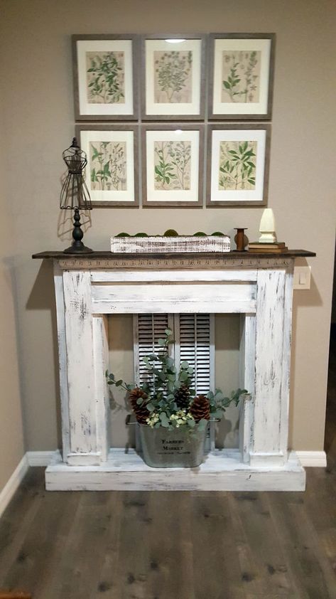 White Distressed Fireplace, Distressed Wood Fireplace, Fake Fireplace Ideas, Fake Fireplace Diy, Pallet Fireplace, Faux Fireplaces, Distressed Fireplace, Fireplace Modern Design, Diy Fireplace Mantel