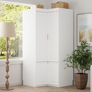 100% Solid Wood Cosmo 4-Door Wardrobe with Solid Wood or Mirrored Doors - On Sale - Bed Bath & Beyond - 37717187 Small Armoire Ideas, Corner Armoire Bedroom, L Shaped Corner Cabinet, Tiny Closet Storage, Corner Closet Organization, Corner Closets, Small Space Wardrobe, Corner Closet Ideas, Corner Wardrobe Ideas