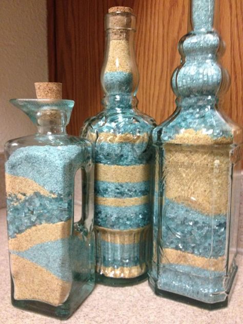 Adult sand art! I bought decorative glasses from Pier 1 and filled them with sand and tiny glass pieces from Michaels. They match my kitchen! Decorative Sand Ideas, Sand Glass Art, Sand Art For Adults, Sand Crafts For Adults, Sand Bottle Ideas, Sand Bottle Art, Sand Art Bottles Diy, Bottle Sand Art, Sand Decoration