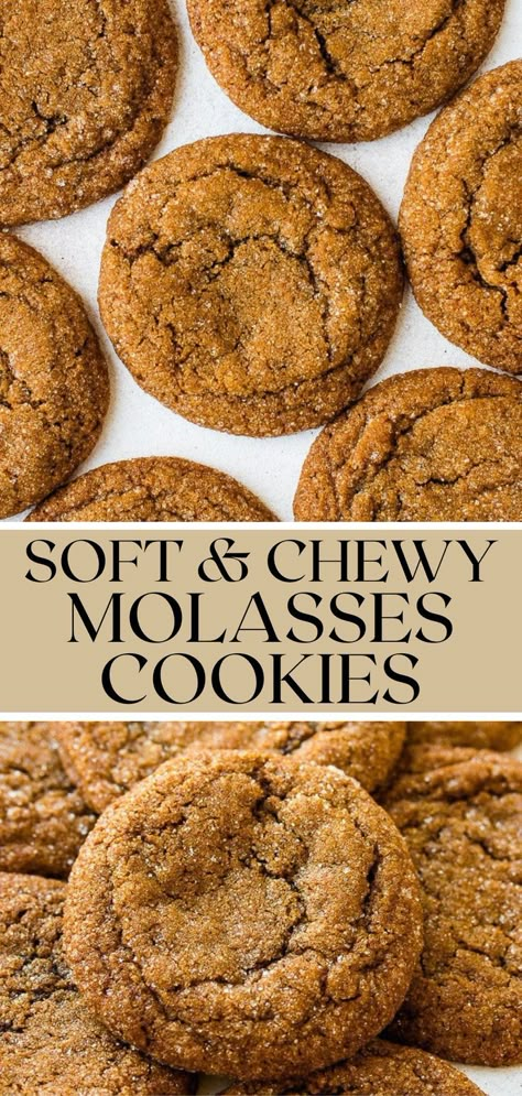 These super soft and chewy molasses cookies have the perfect gooey texture, are lightly spiced, and make a delicious snack especially during the holidays! Spice Cookie Recipes, Molasses Recipes, Chewy Molasses Cookies, Chewy Gingerbread Cookies, Molasses Cookies Recipe, Ginger Molasses Cookies, Festive Cookies, Molasses Cookies, Ginger Cookies