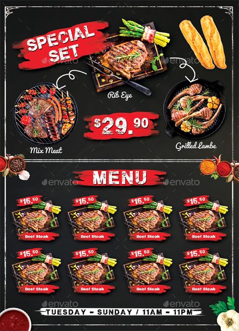 Bbq Menu Ideas, Graphic Design Cv, Bbq Menu, Bbq Restaurant, Food Business, Beef Steak, Menu Restaurant, Menu Design, Food Menu