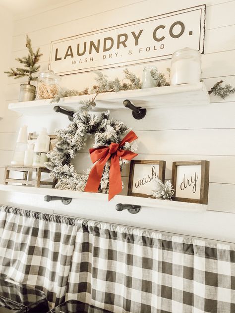 Christmas Decor Laundry Room, Christmas Laundry Room, Remodel Laundry Room, Open Shelving Decor, Laundry Room Refresh, Diy Shelves Easy, Shiplap Wallpaper, Laundry Room Decor Diy, Shelving Decor