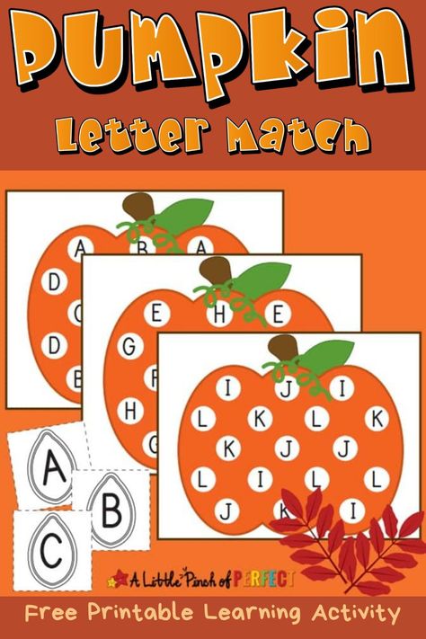 Teach preschoolers to identify letters with this fun Pumpkin Letter Matching set. Simply print the activity out and let them learn. Each pumpkin has a selection of uppercase letters on it that comes with matching letter seed cards. As cards are selected, the students can find the letter and do several different things to help them learn as they play. After letter time you may enjoy our Free Printable Pumpkin Number Mats found here. Letter Find Preschool Free Printable, Fall Abc Activities Preschool, Pumpkins Activities Preschool, Fall Letter Activities, Language And Literacy Activity Preschool Fall, Pumpkin Alphabet Activities Preschool, Pumpkin Literacy Activities Preschool, Pumpkin Letter Activities, Alphabet Soup Preschool