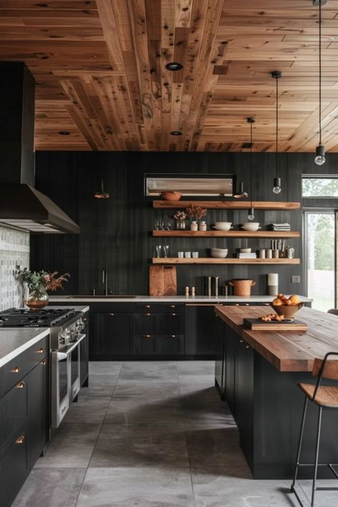 Looking to transform your kitchen? Explore these stunning shiplap kitchen ceiling ideas that blend farmhouse charm with modern aesthetics. From classic whitewashed finishes to bold colored planks, shiplap can dramatically change the vibe of your cooking space. Whether you want to create a cozy feel for family meals or elevate the overall kitchen design with chic elegance, these tips can help you achieve the ambiance you desire. Transform your kitchen overhead into a style statement with these fantastic ideas! Wood On Kitchen Ceiling, Black Ceiling Kitchen Ideas, Shiplap Ceiling Kitchen, Shiplap Kitchen Ceiling, Black Shiplap Ceiling, Wood Kitchen Ceiling, Wood Ceiling Kitchen, Kitchen Ceiling Ideas, Lakehouse Cabin