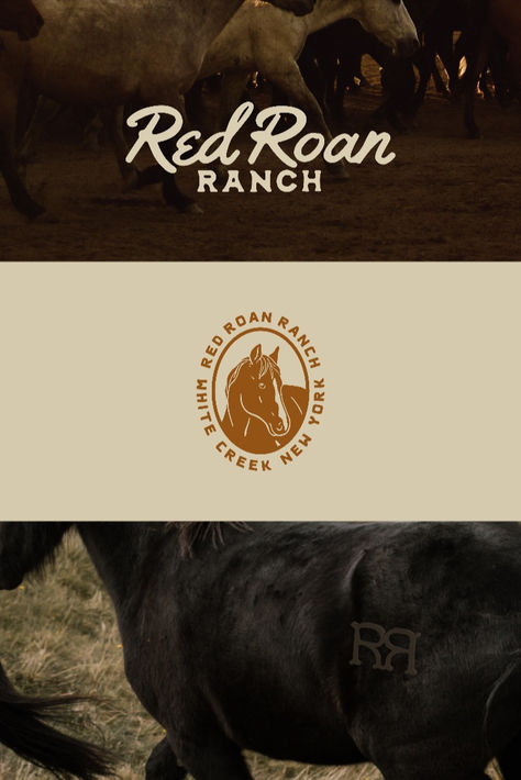 Ranch branding - for Red Roan Ranch in upstate New York. #ranchlogo #ranchbranding #westernlogo #westernbranding #horselogo Ranch Style Restaurant, Cattle Brand Logo Design, Country Branding Design, Ranch Branding Design, Horse Branding Design, Texas Ranch Aesthetic, Ranch Logo Design Ideas, Cattle Brands Ideas Design, Horse Logo Inspiration