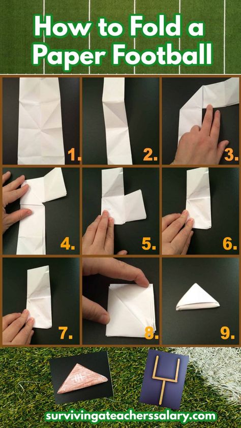 EASY tutorial on how to fold a paper football and build a diy football game for kids! Perfect for tabletop games, football parties, and sports day! #football #game #paper #papercraft #diy #games #diygames #sports #kidsgame Football Kids Crafts, Football Art Projects For Kids, Football Games For Kids, Sport Crafts, Paper Football, Kids Gratitude Journal, Game Paper, Football Template, Gratitude Journal For Kids