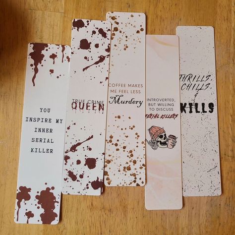 When you have an obsession with office supplies and paper goods... and a crazy "I can make that" mentality. 🤣 I made some custom bookmarks for true crime/murder mystery/thriller books, and I hope people enjoy them as much as I do! 💀🔪 #truecrime #handmade #papercrafts #shoplocal #bookshop #poppywild #bookmarks #booklover #murdermystery #thriller #bookstagram #bookgirlies #booktok Bookmarks Handmade Aesthetic, Mystery Thriller Books, Book Planner, Bookmark Ideas, Custom Bookmarks, Unique Bookmark, Short Waves, Bookmarks Printable, Mystery Books