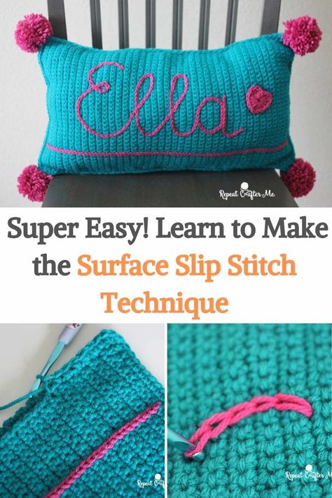 If you have never heard of the surface slip stitch, you will be delighted! It's such an easy way to embellish a crochet project! The surface slip stitch is a method in which you use the basic slip stitch to make designs or lettering on the surface of your crochet project. As with this project, Sarah from Repeat Crafter Me wrote the name Ella on the front panel of this crochet pillow. She has used this technique on granny squares and blankets. You can do so much with this simple technique, so... Crochet Letters Pattern, Crochet Alphabet, Slip Stitch Crochet, Crochet Letters, Modern Crochet Blanket, Repeat Crafter Me, Your Crochet, Haken Baby, Crochet Pillow