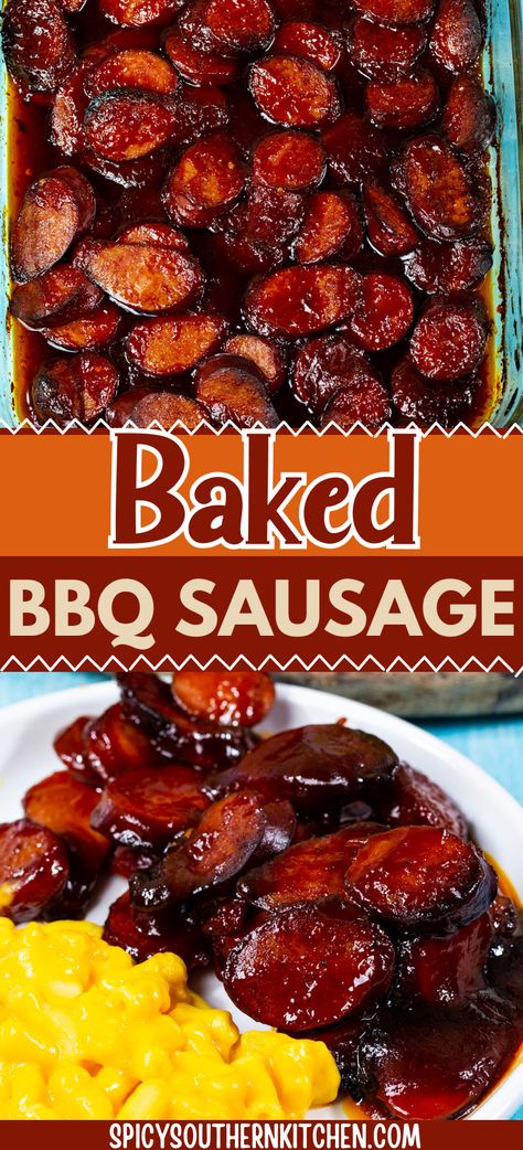 Baked BBQ Sausage- Kielbasa sausage is coated in a sweet and tangy sauce and baked until crispy around the edges. Makes a wonderful easy appetizer for the holidays or game day. Baked Bbq Sausages In Oven, Recipes For Dinner With Sausage, Sausage Sauce Recipes, Bbq Kielbasa Crockpot, Bbq Polish Sausage, How To Cook Kielbasa On The Stove, Baked Summer Sausage, Sausage Links In Crockpot, Sauce For Kielbasa