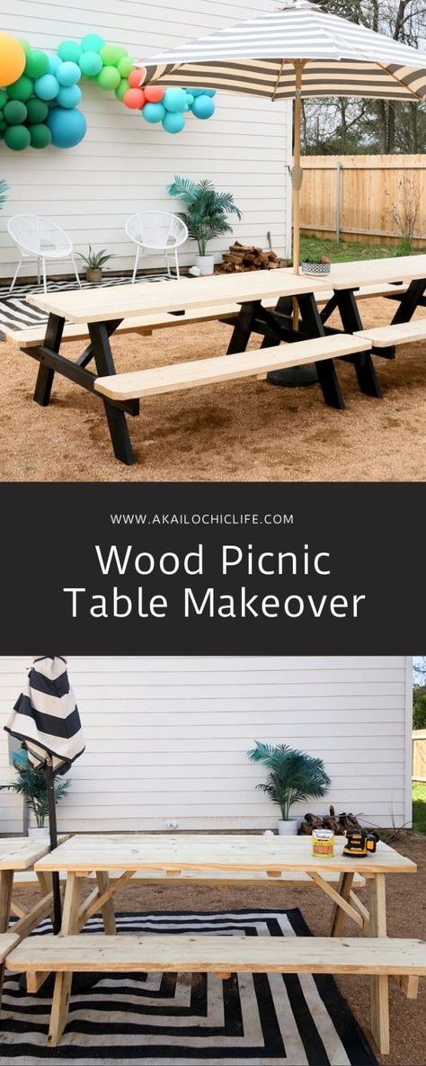 Wood Picnic Table Makeover - A Kailo Chic Life % Picnic Table Ideas Outdoor, Pinic Table, Painted Picnic Tables, Picnic Table Makeover, Wood Picnic Table, Patio Upgrade, Diy Picnic Table, Wooden Picnic Tables, Patio Picnic