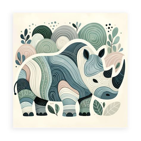 Wander into a dreamlike safari with Rhino's Reverie. Adorned with swirls that mimic the earth's natural patterns, this thoughtful rhino adds a touch of nature's wonder to your child's cozy corner. Rhino Art Illustration, Rhinoceros Drawing, Rhinoceros Illustration, Rhino Cartoon, Rhino Drawing, Wwf Poster, Rhino Artwork, Rhinoceros Art, Rhino Illustration