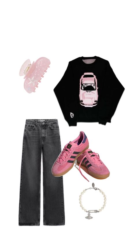 Gazelles Outfit, Black Zara Jeans, Sambas Adidas, Adidas Gazelles, Zara Jeans, Outfit Idea, Pink Bow, Porsche, Zara