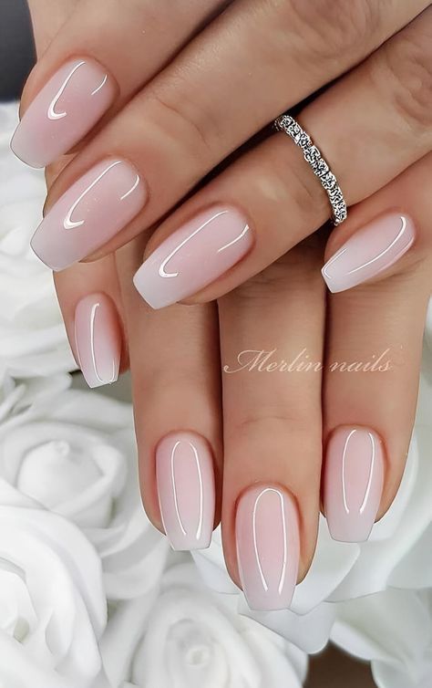 Nails For Your Wedding Day, Wedding Nails Solid Color, Wedding Dip Nails For Bride Short, Brides Wedding Nails, Bridal Short Nails Wedding, Pink And White Ombre Nail Designs, Wedding Biab Nails, Nail Ideas Neutral Classy, Ombre Nude Nails Short