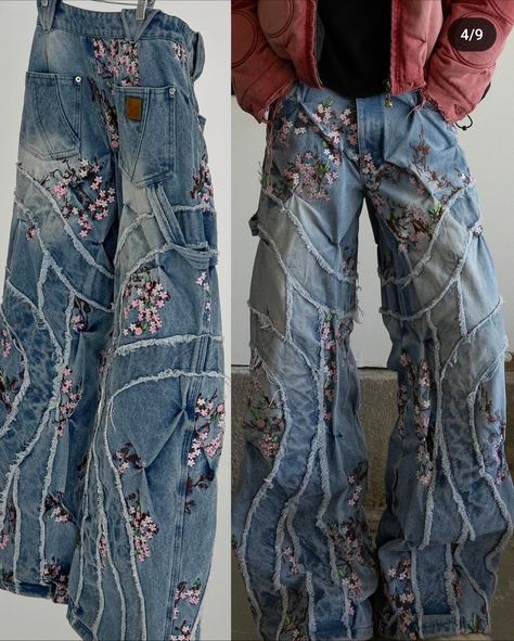 Jeans Alterations Diy, Jeans Ideas Creative, Brazillian Fashion, Creative Pants, Sakura Embroidery, Paint Clothes, Pants Diy, Blue Baggy Jeans, Denim Ideas