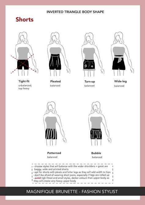 Body Shape Ultimate Guide - Part 3 = INVERTED TRIANGLE SHAPE - Magnifique Brunette Inverted Triangle Shorts Outfit, Inverted Triangle Shorts, Shorts For Inverted Triangle Body Shape, Find Your Body Shape, Rectangle Body Shape Fashion, Inverted Triangle Body Shape Fashion, V Shape Body, Inverted Triangle Body Shape Outfits, Triangle Body Shape Fashion