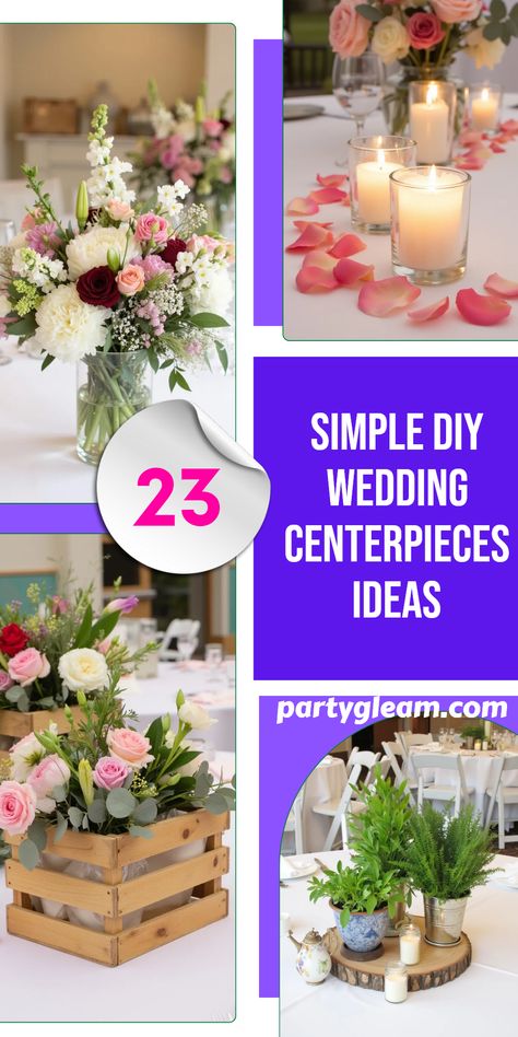 Looking to add a personal touch to your wedding day? Discover these 23 simple DIY wedding centerpieces ideas that showcase creativity while saving money! From stunning spring blooms arranged in elegant vases to rustic wooden crates filled with potted herbs, your tables will radiate charm. Feel inspired by simple glass votives that add warmth and twinkle, enhancing the romantic vibe. DIY wedding centerpieces are not just budget-friendly but also allow you to express your unique style. Get ready to wow your guests with these delightful decor ideas! Small Wedding Centerpiece Ideas, April Wedding Decorations, Simple Spring Wedding Decor, Diy Wedding Floral Arrangements, Thrifted Wedding Centerpieces, Simple Diy Wedding Centerpieces, Rose Centerpieces Diy, Simple Wedding Centerpieces Long Tables, Single Flower Centerpiece