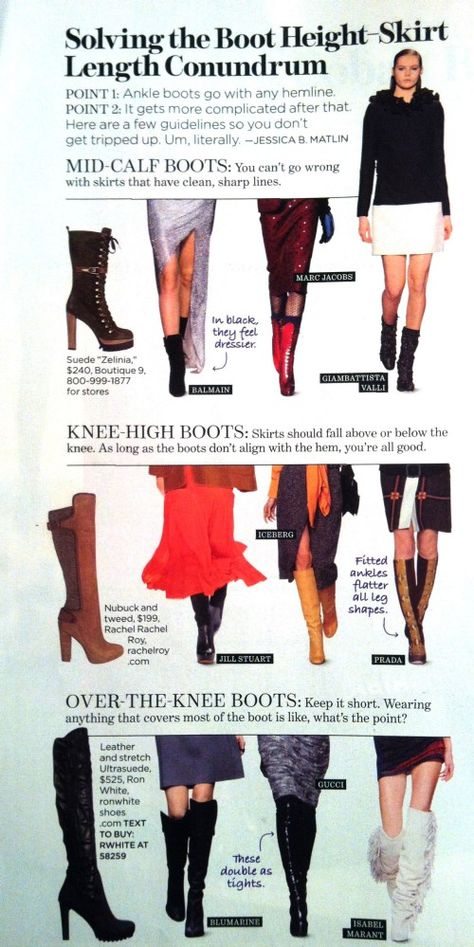 Boot Height Lucky Mag Dec 2011 Calf Length Boots Outfit, Monochromatic Wardrobe, Calf Length Boots, Pointed Ankle Boots, Purse Outfit, Boiled Wool Jacket, Calf Length Skirts, Party Pants, Skirts With Boots