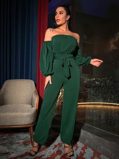 SHEIN SXY Off Shoulder Belted Jumpsuit | SHEIN USA Dark Green Jumpsuit, School Uniform Outfits, Uniform Outfits, Belted Jumpsuit, Belt Jumpsuit, Green Jumpsuit, Jumpsuits For Women, Dark Green, Off Shoulder