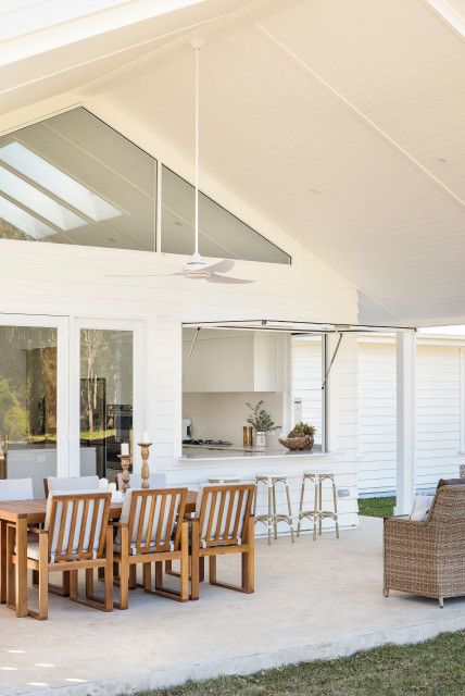 Raked Ceiling Outdoor Area, Coastal Facade, Modern Queenslander, Beach Style Kitchen, Coastal Exterior, Coast House, Raked Ceiling, Outdoor Patio Space, Alfresco Area