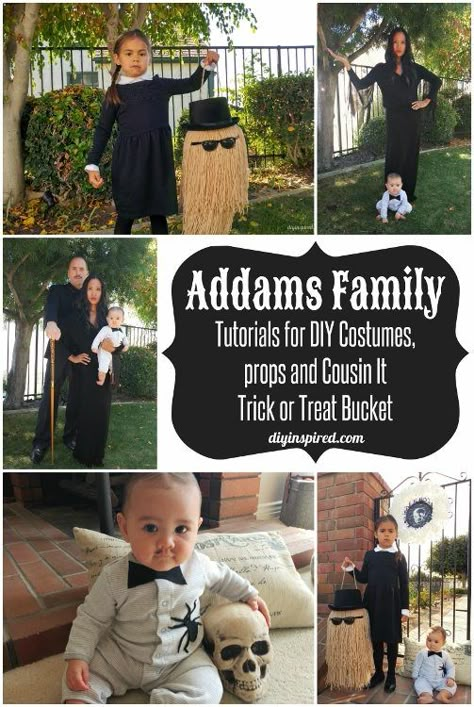 DIY Addams Family Halloween Costumes for Adults, Kids, and Babies; Transform your family into Gomez, Morticia, Wednesday, and Baby Pubert Addams and seriously spook the neighbors! Pubert Addams, Costume Halloween Famille, Morticia Wednesday, Adams Family Costume, Addams Family Halloween Costumes, Adams Family Halloween, Addams Family Halloween, Gomez Morticia, Family Costumes Diy