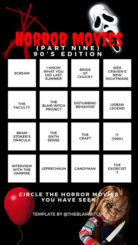 Horror Movie Bingo, Funny Horror Movies, Scary Movie List, Movie Bingo, 90s Horror Movies, Scary Movies To Watch, Horror Movie Costumes, Top Horror Movies, Scary Movie Night