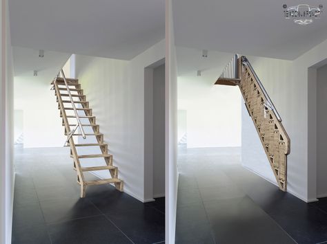 'Z-Matic Hybrids' are a new & unique take on your standard staircase/ladder. This product folds flat up against the wall or feature it is attached to, obvious functions are to save space & secure access to different levels. The flat folding ladder version replaces an often-complicated attic pull-down or metal ladder; in an easy to use and attractive manner. The Hybrid Stair also folds flat but incorporates a unique automated pop-up hand rail & door system to increase overall Folding Staircase, Retractable Stairs, Standard Staircase, Folding Stairs, Architecture Renovation, Attic Ladder, New Staircase, Folding Ladder, House Stairs