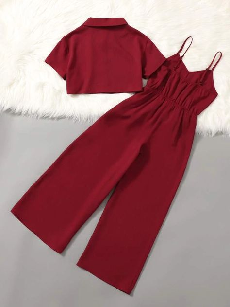 SHEIN Girls Collar Button Front Crop Top & Cami Jumpsuit | SHEIN ASIA Cape Fashion, Girls Sweatshirts, Shein Kids, Cami Jumpsuit, Dress Book, Corporate Wear, Cute Dress Outfits, Front Crop Top, Stylish Dress Book