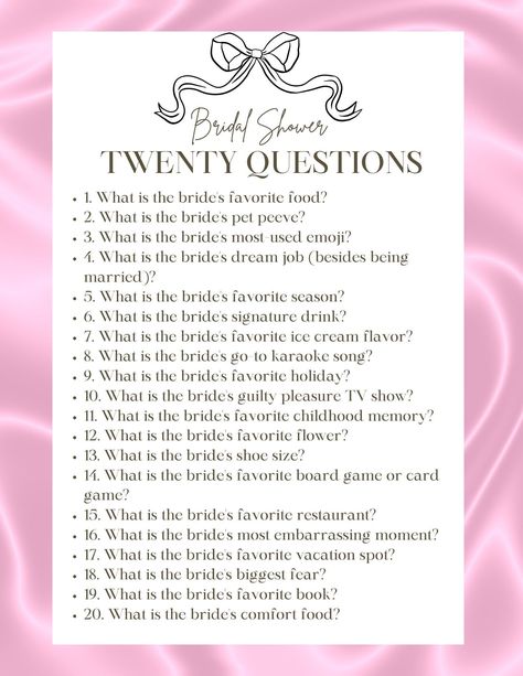 Get ready to spill the tea! This hilarious 20 questions game is the perfect icebreaker for any bridal shower or Bachelorette party.   #BacheloretteParty Bachelorette Questions, Bridal Jeopardy Questions, Free Bachelorette Party Games, Bachelorette Activities, 20 Questions Game, Bridal Jeopardy, Bridal Shower Tea Party Theme, Newlywed Game Questions, Bachelorette Party Activities