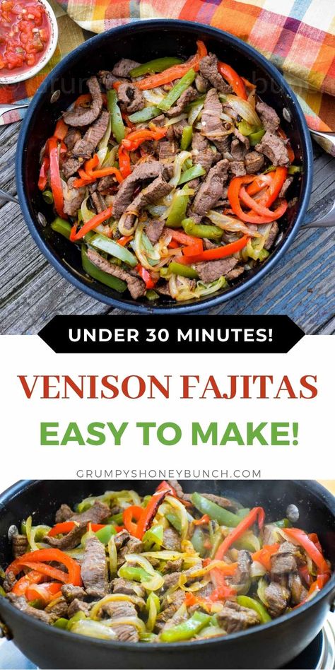 Venison Steak Fajitas, Deer Stir Fry Recipes, Venison Fajitas Recipe, Deer Fajitas, Deer Steak Recipes Skillet, Recipes With Venison, Venison Stir Fry Recipe, Venison Stir Fry, Venison Fajitas