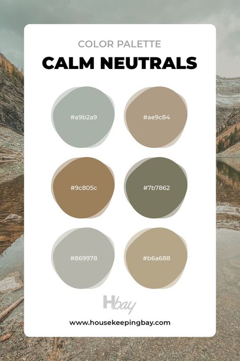 If you don’t like dark living room color palettes, try out this one instead. A perfect combination of calming and balanced neutral colors that contain greiges, and also subtle blueigh, brownish, and green neutrals will be amazing in any home! Green As Neutral, Neutral Green Living Room Decor, Green Grey Living Room Colour Palettes, Calming Color Palette Living Room, Muted Color Palette Earth Tones Living Room, Room Neutral Colors Bedrooms, Colour Schemes For Living Room Neutral, Beige Living Room With Green Accents, Greige And Green Living Room