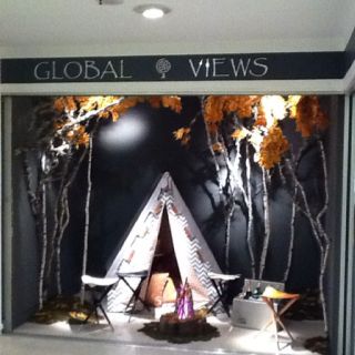 Chic camp scene in our High Point showroom #hpmkt Global Views Camping Window Display, Fashion Window Display, Shoes Display, Camping Scene, Summer Window, Store Window Displays, Window Display Design, Outdoor Deco, Showroom Display