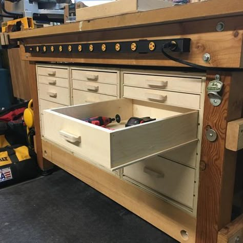 Workshop Drawers Diy, Workshop Cabinets Diy, Workbench Drawers Diy, Workbench With Drawers Plans, Shop Cabinets Ideas, Shop Drawers, Workbench Drawers, Workshop Drawers, Workbench With Storage