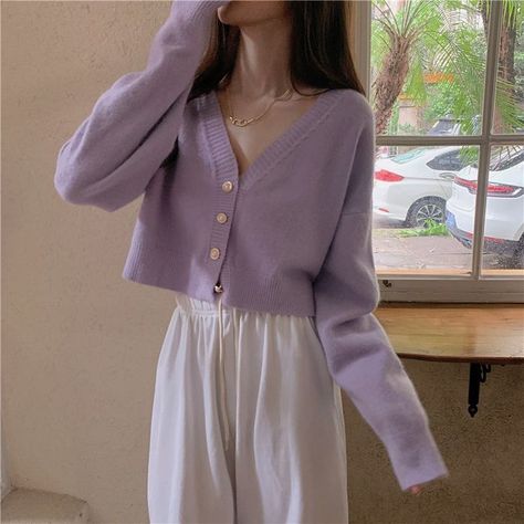 Purple Cardigan Outfits, Dress And Cardigan Outfit, Cute Cardigan Outfits, Jacket Designs, Purple Cardigan, Pretty Shirts, Purple Outfits, Cute Cardigans, Crochet Jacket