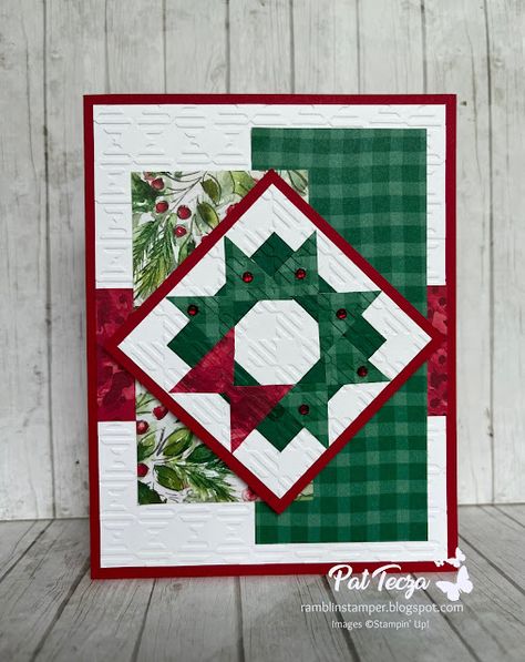 Christmas Wreath Quilt Square - Five Ways Christmas Quilt Cards, Quilted Christmas Cards Handmade, Stampin Up Christmas Quilt, Fancy Fold Christmas Cards, Stampin Up Quilt Cards, 2024 Stampin Up Christmas Cards, Quilted Cards, Quilted Looking Cards, Stampin Up Christmas Quilt Cards