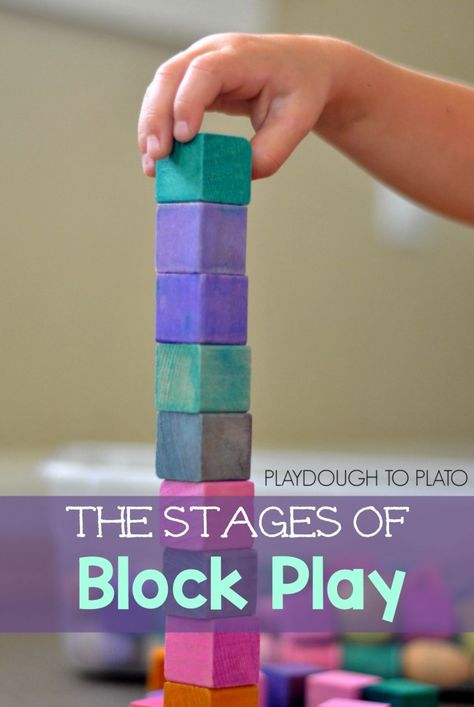 Why playing with blocks is important and ways to use them with toddlers, preschoolers and kindergarteners. Playdough To Plato, Blocks Preschool, Stages Of Development, Block Center, Block Area, Block Play, Developmental Stages, Toddler Development, Childhood Development