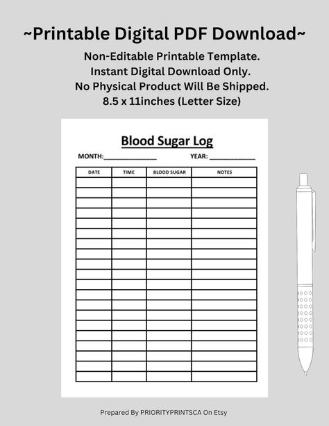 Printable Blood Sugar Log. Health Priorities. Health Care - Etsy Gift List Printable, Sign Out Sheet, More Organized Life, Organized Life, Printable Crafts, Bake Sale, Business Pages, Garage Sales, Craft Sale