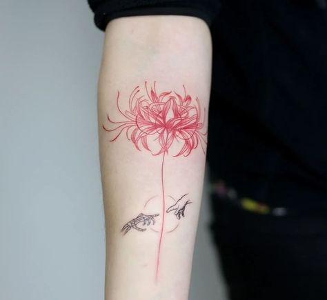 Hands Reaching For Each Other, Red Spider Lily Tattoo, Spider Lily Tattoo, Lily Tattoos, Lily Tattoo Design, Red Spider Lily, Spider Lily, Red Spider, Lily Tattoo