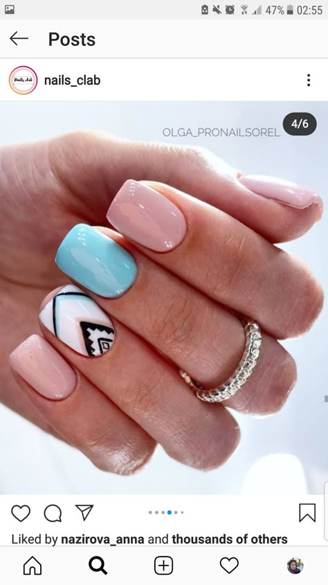 Western Nail Ideas Aztec, Wedding Nails With Turquoise, Nails For Nashville Vacation, Simple Western Aztec Nails, Nail Ideas For Country Concert, Texas Vacation Nails, Simple Aztec Nail Designs, Western Chic Nails, Mountain Themed Nails