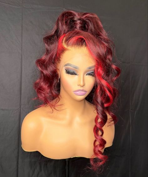 Black And Red Frontal Wig, Red Highlight Lace Front Wig, Red Roots Black Hair Wig, Red Wig Black Roots, Red Ombre Wig, Grunge Seattle, Temptation Island, Wigs Collection, Wig Display