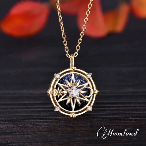 Vintage Blue Sandstone Pendant Yellow Gold Compass Necklace Celestial Jewelry Sun Moon Moissanite North Star Dainty Opal Moonstone Necklace - Etsy Gold Compass Necklace, Magic Necklace, Galaxy Jewelry, Opal Moonstone, Blue Sandstone, Pretty Jewelry Necklaces, Compass Necklace, Magical Jewelry, Celestial Jewelry