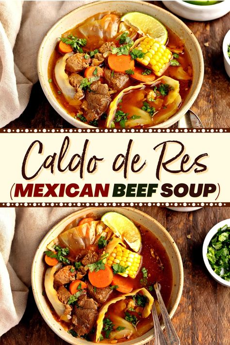 Try caldo de res to warm up from the inside out! This Mexican beef soup is full of beef, veggies, tomatoes, and tasty garnishes. You'll love it! Caldo De Res Recipe Mexican Beef Soups, Mexican Caldo De Rez Recipe, Beef Caldillo Recipe, Mexican Oxtail Soup Caldo De Res, Mexican Beef Stew Crockpot, Beef Stew Mexican Recipe, Caldo Soup Mexican, Healthy Mexican Soup Recipes, Caldo Recipe Mexican